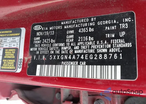 2014 Kia Optima Ex z USA, uszkodzony, nr VIN 5XXGN4A74EG288761